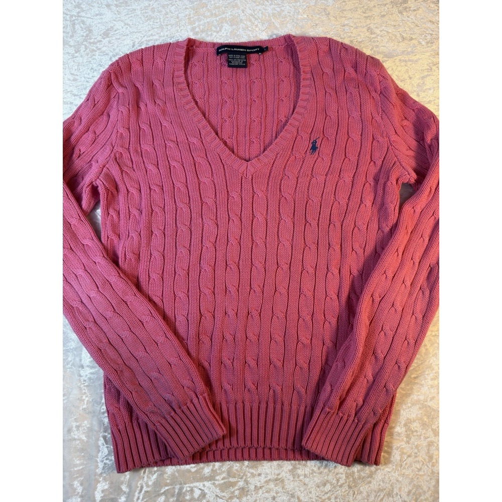 Vintage Ralph Lauren Sport Sweater Womens L Pink Cable Knit V Neck Cotton Polo